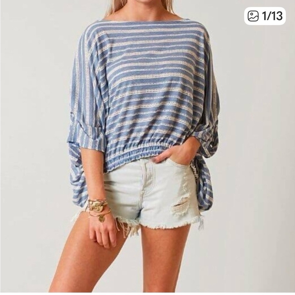 Free People Blue Eyelet Dolman Sleeve Blouse Stripe Azelea Beach Top Shirt Small